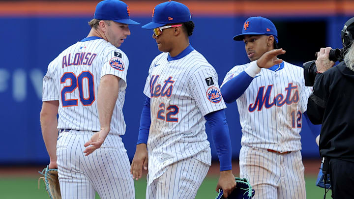 Apr 4, 2025; New York City, New York, USA; New York Mets right fielder Juan Soto (22) celebrates with first baseman Pete Alonso (20) and shortstop Francisco Lindor (12) after defeating the Toronto Blue Jays at Citi Field. Mandatory Credit: Brad Penner-Imagn Images