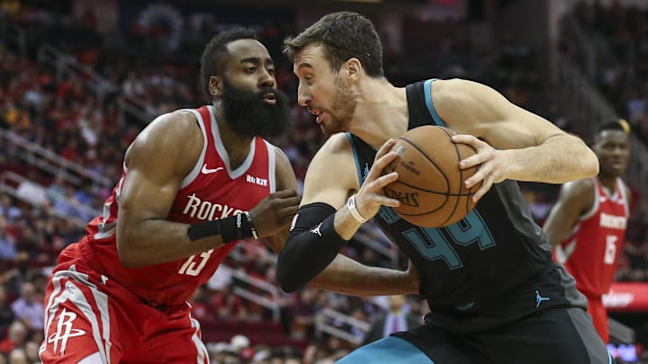 Mar 11, 2019; Houston, TX, USA; Charlotte Hornets forward Frank Kaminsky (44) controls the ball as Houston Rockets guard James Harden (13) defends during the third quarter at Toyota Center. Mandatory Credit: Troy Taormina-Imagn Images Mar 11, 2019; Houston, TX, USA; Charlotte Hornets forward Frank Kaminsky (44) controls the ball as Houston Rockets guard James Harden (13) defends during the third quarter at Toyota Center. Mandatory Credit: Troy Taormina-Imagn Images
