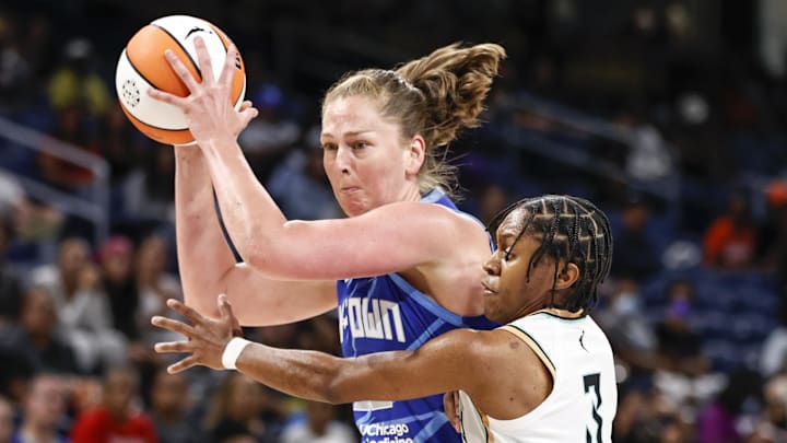 Jul 29, 2022; Chicago, Illinois, USA; Chicago Sky forward Emma Meesseman (33) drives to the basket against New York Liberty guard Crystal Dangerfield (3) during the first half of the WNBA game at Wintrust Arena. Mandatory Credit: Kamil Krzaczynski-Imagn Images Jul 29, 2022; Chicago, Illinois, USA; Chicago Sky forward Emma Meesseman (33) drives to the basket against New York Liberty guard Crystal Dangerfield (3) during the first half of the WNBA game at Wintrust Arena. Mandatory Credit: Kamil Krzaczynski-Imagn Images