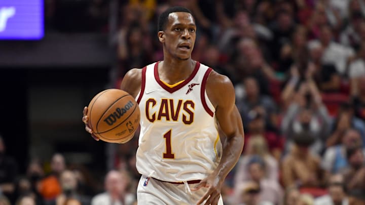 Mar 11, 2022; Miami, Florida, USA; Cleveland Cavaliers guard Rajon Rondo (1) brings the ball up the court during the second half against the Miami Heat at FTX Arena. Mandatory Credit: Jim Rassol-Imagn Images