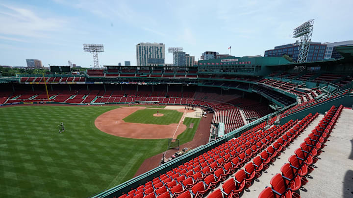 Jul 7, 2020; Boston, Massachusetts, United States; A general view of empty seats at Fenway Park during the Boston Red Sox Summer Camp. Mandatory Credit: David Butler II-Imagn Images