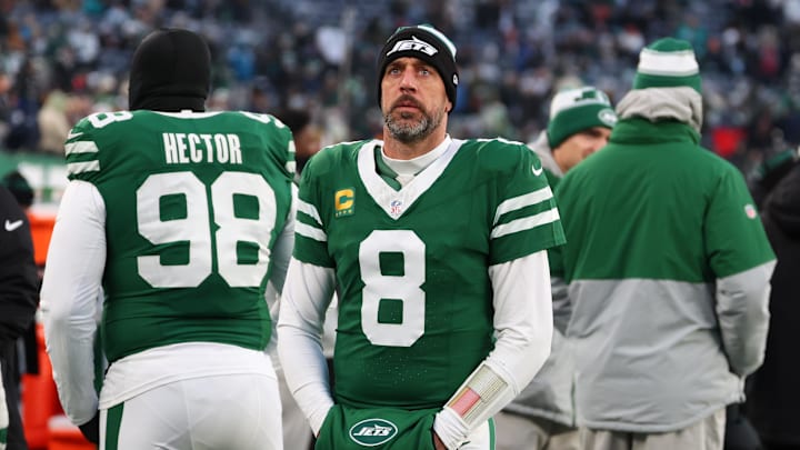Jan 5, 2025; East Rutherford, New Jersey, USA; New York Jets quarterback Aaron Rodgers (8) looks on during the first quarter of their game against the Miami Dolphins at MetLife Stadium. Mandatory Credit: Ed Mulholland-Imagn Images Jan 5, 2025; East Rutherford, New Jersey, USA; New York Jets quarterback Aaron Rodgers (8) looks on during the first quarter of their game against the Miami Dolphins at MetLife Stadium. Mandatory Credit: Ed Mulholland-Imagn Images
