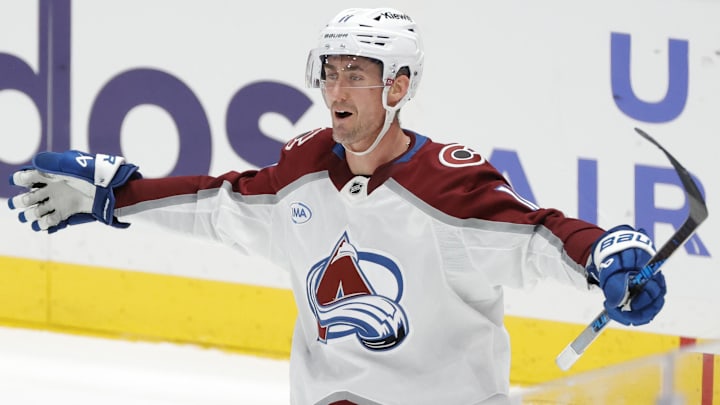 Mar 22, 2026; Washington, District of Columbia, USA; Colorado Avalanche center Brock Nelson (11) celebrates after scoring the game winning goal in overtime against the Washington Capitals at Capital One Arena. Mandatory Credit: Amber Searls-Imagn Images