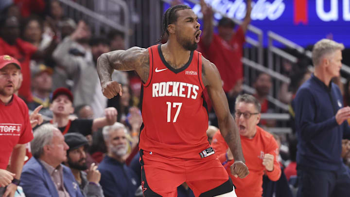 Apr 23, 2025; Houston, Texas, USA; Houston Rockets forward Tari Eason (17) reacts after making a basket during the second quarter during game two of the first round for the 2024 NBA Playoffs against the Golden State Warriors at Toyota Center. Mandatory Credit: Troy Taormina-Imagn Images
