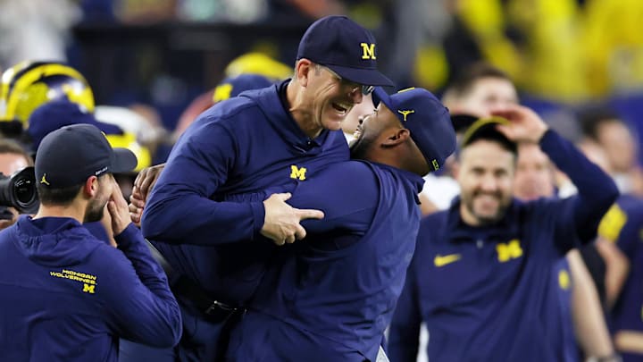 Jan 8, 2024; Houston, TX, USA; Michigan Wolverines head coach Jim Harbaugh celebrates after winning 2024 College Football Playoff national championship game against the Washington Huskies at NRG Stadium.