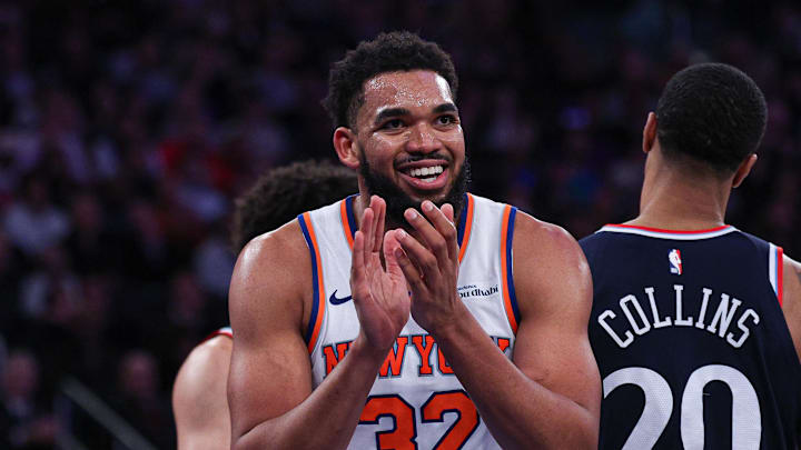 Jan 7, 2026; New York, New York, USA; New York Knicks center Karl-Anthony Towns (32) reacts during the second half against the LA Clippers at Madison Square Garden. Mandatory Credit: Vincent Carchietta-Imagn Images