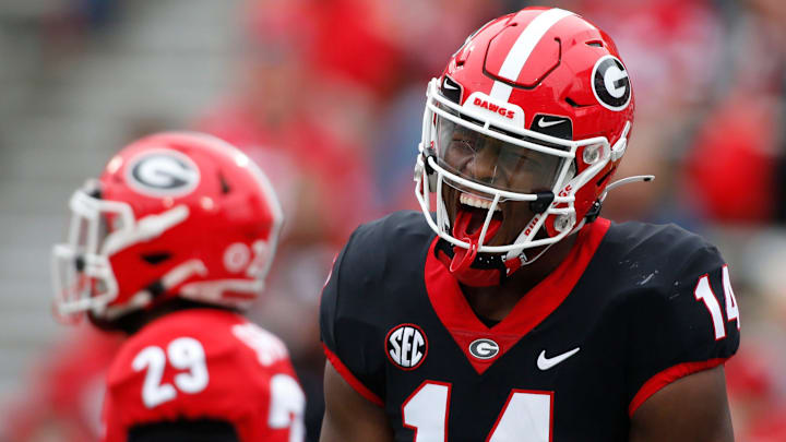 Georgia wide receiver Arik Gilbert (14) celebrates after making a touchdown catch during the G-Day spring game in Athens, Ga., on Saturday, April 16, 2022.
News Joshua L Jones
Syndication Online Athens Georgia wide receiver Arik Gilbert (14) celebrates after making a touchdown catch during the G-Day spring game in Athens, Ga., on Saturday, April 16, 2022.
News Joshua L Jones
Syndication Online Athens