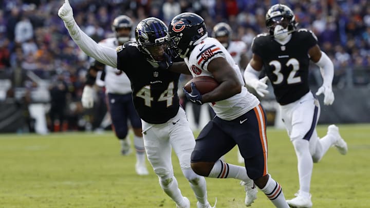 Running back D'Andre Swift is tracked down by Ravens cornerback Marlon Humphrey in Sunday's Bears loss. Running back D'Andre Swift is tracked down by Ravens cornerback Marlon Humphrey in Sunday's Bears loss.