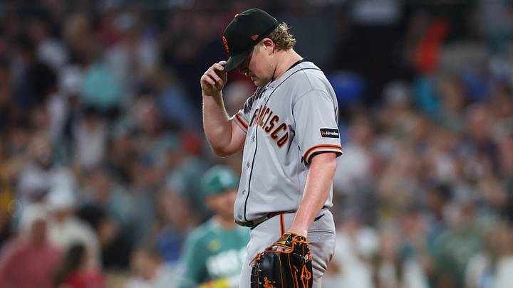 Aug 21, 2026; Boston, Massachusetts, USA; San Francisco Giants starting pitcher Logan Webb (62) reacts during the third inning against the Boston Red Sox at Fenway Park. Mandatory Credit: Paul Rutherford-Imagn Images