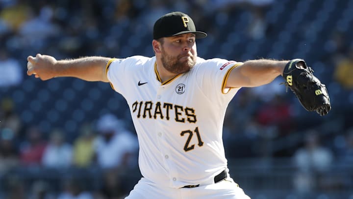Sep 15, 2024; Pittsburgh, Pennsylvania, USA;  Pittsburgh Pirates relief pitcher David Bednar (51) pitches against the Kansas City Royals during the eighth inning at PNC Park. Mandatory Credit: Charles LeClaire-Imagn Images