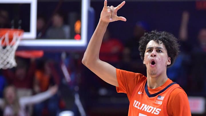Nov 4, 2024; Champaign, Illinois, USA; Illinois Fighting Illini forward Will Riley (7) reacts after scoring during the second half against the Eastern Illinois Panthers at State Farm Center. Mandatory Credit: Ron Johnson-Imagn Images