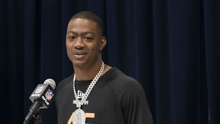 Feb 28, 2025; Indianapolis, IN, USA; Colorado wideout Lajohntay Wester (WO46) talks to the press during the 2025 NFL Combine at Indiana Convention Center. Mandatory Credit: Stephanie Amador Blondet-Imagn Images