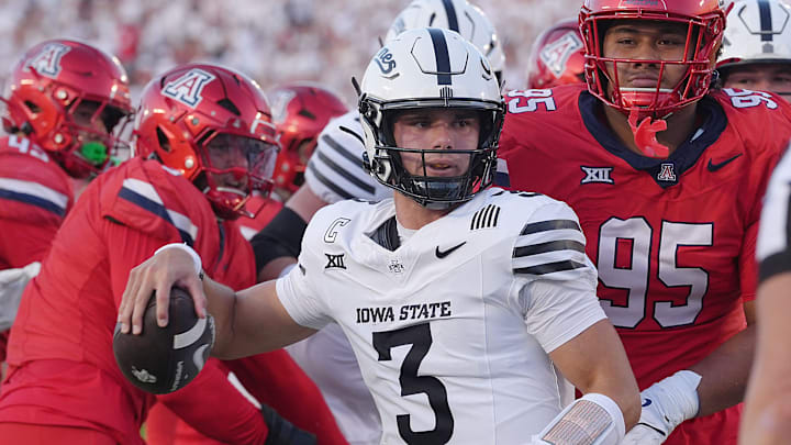 Iowa State Cyclones' quarterback Rocco Becht (3) celebrates after score a touchdown against Arizona during the first quarter in the Big-12 conference showdown on Sept. 27, 2025, at Jack Trice Stadium in Ames, Iowa.