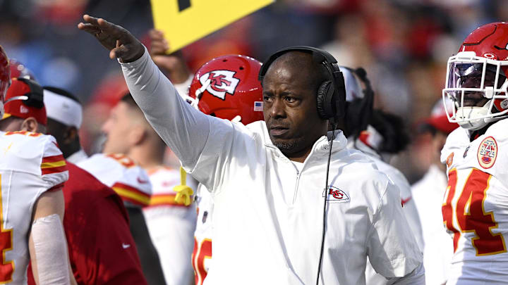 Jan 7, 2024; Inglewood, California, USA; Kansas City Chiefs defensive backs coach Dave Merritt gestures during the first half against the Los Angeles Chargers at SoFi Stadium. Mandatory Credit: Orlando Ramirez-USA TODAY Sports