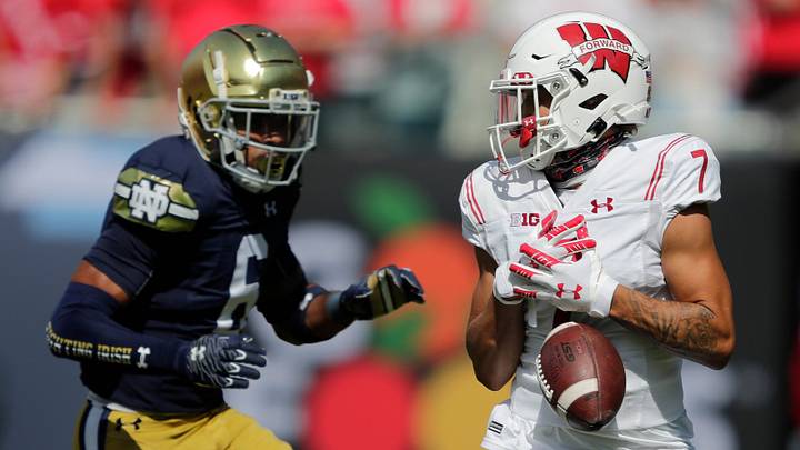 DUPLICATE***Wisconsin Badgers wide receiver Danny Davis III (7) drops a pass against Notre Dame Fighting Irish cornerback Clarence Lewis (6) during their football game Saturday, September 25, 2021, at Soldier Field in Chicago, Ill. 