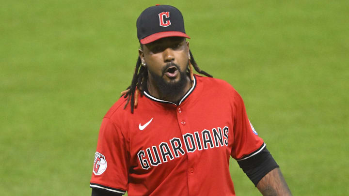 Jul 22, 2025; Cleveland, Ohio, USA; Cleveland Guardians relief pitcher Emmanuel Clase (48) reacts after a win over the Baltimore Orioles at Progressive Field