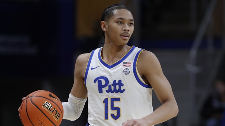 Dec 21, 2024; Pittsburgh, Pennsylvania, USA;  Pittsburgh Panthers guard Jaland Lowe (15) brings the ball up court against the Sam Houston State Bearkats during the first half at the Petersen Events Center. Mandatory Credit: Charles LeClaire-Imagn Images
