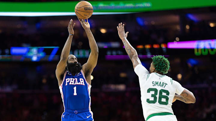 May 11, 2023; Philadelphia, Pennsylvania, USA; Philadelphia 76ers guard James Harden (1) shoots past Boston Celtics guard Marcus Smart (36) during the second quarter in game six of the 2023 NBA playoffs at Wells Fargo Center. Mandatory Credit: Bill Streicher-Imagn Images