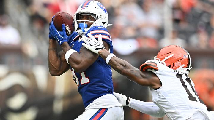Buffalo Bills wide receiver Trent Sherfield catches a pass as Cleveland Browns cornerback Tre Avery defends. Buffalo Bills wide receiver Trent Sherfield catches a pass as Cleveland Browns cornerback Tre Avery defends.