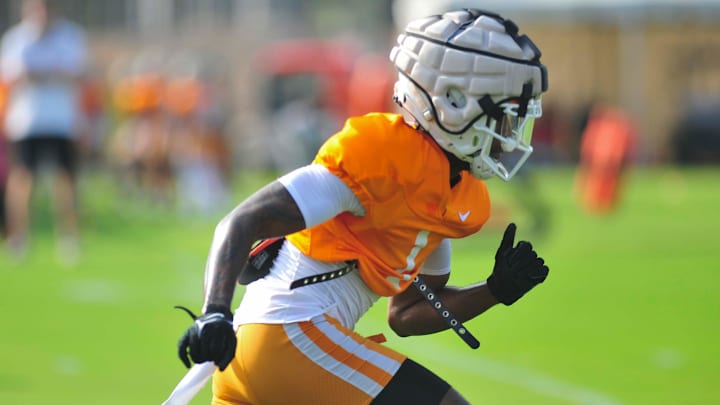 Tennessee's Rickey Gibson (1) runs during Tennessee football's fall practice, in Knoxville, Tenn., Saturday, August 3, 2024. Tennessee's Rickey Gibson (1) runs during Tennessee football's fall practice, in Knoxville, Tenn., Saturday, August 3, 2024.