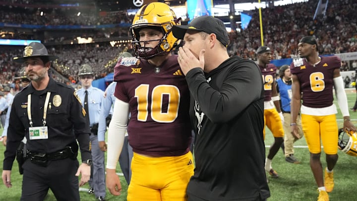 Arizona State head coach Kenny Dillingham and quarterback Sam Leavitt (10) are hoping to lead the Sun Devils to another Big 12 title in 2025.