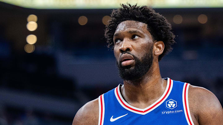 Jan 25, 2024; Indianapolis, Indiana, USA; Philadelphia 76ers center Joel Embiid (21) looks on in the first half against the Indiana Pacers at Gainbridge Fieldhouse. Mandatory Credit: Trevor Ruszkowski-Imagn Images