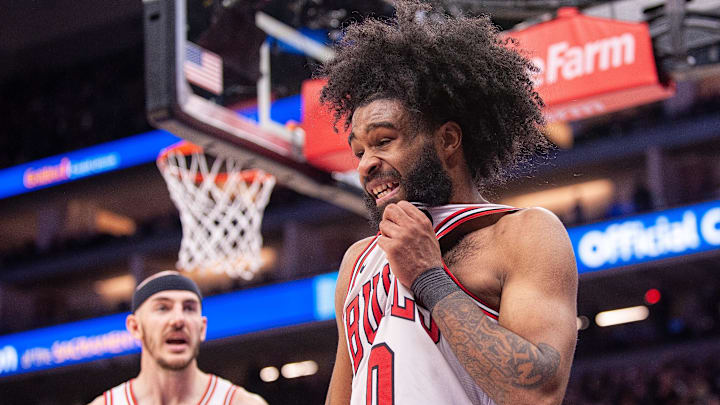 Mar 4, 2024; Sacramento, California, USA; Chicago Bulls guard Coby White (0) reacts after being fouled during the fourth quarter at Golden 1 Center. Mandatory Credit: Ed Szczepanski-Imagn Images