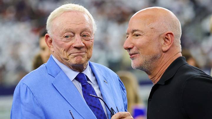 Dallas Cowboys owner Jerry Jones chats with Amazon executive chairman Jeff Bezos on the field before a game at AT&T Stadium. Dallas Cowboys owner Jerry Jones chats with Amazon executive chairman Jeff Bezos on the field before a game at AT&T Stadium.