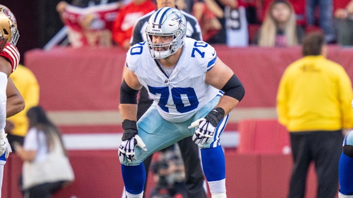 October 8, 2023; Santa Clara, California, USA; Dallas Cowboys guard Zack Martin (70) during the first quarter against the San Francisco 49ers at Levi's Stadium. Credit: Kyle Terada-USA TODAY Sports