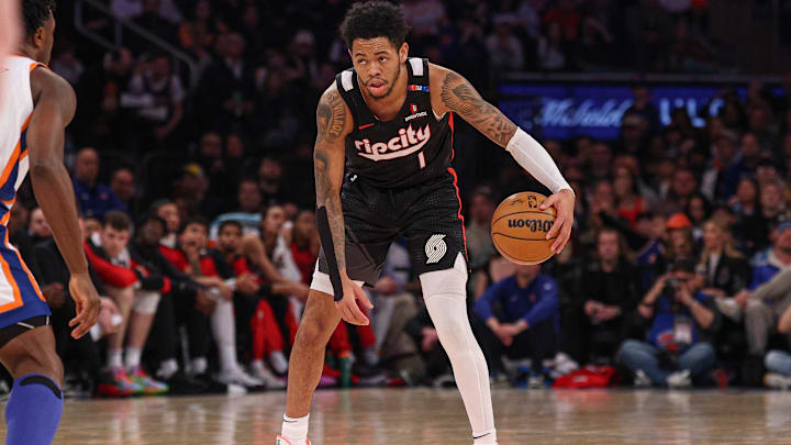 Mar 30, 2025; New York, New York, USA; Portland Trail Blazers guard Anfernee Simons (1) dribbles during the first half against the New York Knicks at Madison Square Garden. Mandatory Credit: Vincent Carchietta-Imagn Images