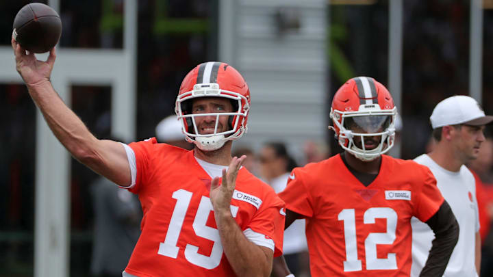 Joe Flacco throws as Shedeur Sanders looks on during Browns training camp July 25, 2025, in Berea, Ohio.