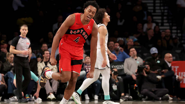 Mar 26, 2025; Brooklyn, New York, USA; Toronto Raptors forward Scottie Barnes (4) reacts during the first quarter against the Brooklyn Nets at Barclays Center. Mandatory Credit: Brad Penner-Imagn Images