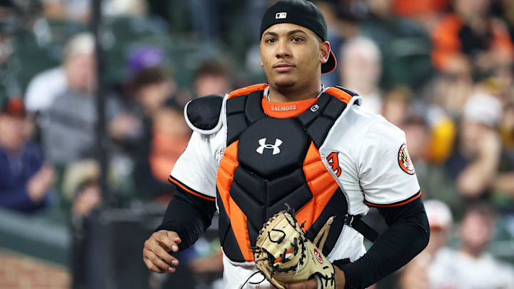 Sep 10, 2025; Baltimore, Maryland, USA; Baltimore Orioles catcher Samuel Basallo (29) looks on during the fourth inning against the Pittsburgh Pirates at Oriole Park at Camden Yards. Mandatory Credit: Daniel Kucin Jr.-Imagn Images