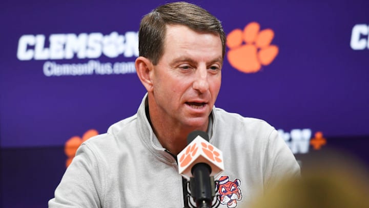 Clemson Head Coach Dabo Swinney introduces newly hired football defensive coordinator Tom Allen, formerly at Penn State University, in the Smart Family Media Center at Clemson University in Clemson, S.C. Wednesday, January 15, 2024.