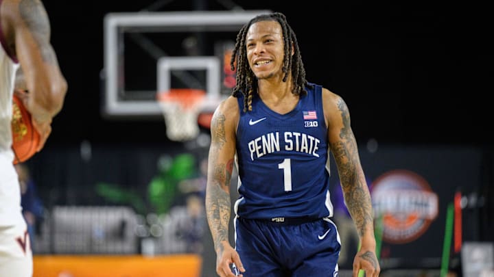 Penn State Nittany Lions guard Ace Baldwin Jr. reacts during the first half against the Virginia Tech Hokies at CFG Bank Arena. 