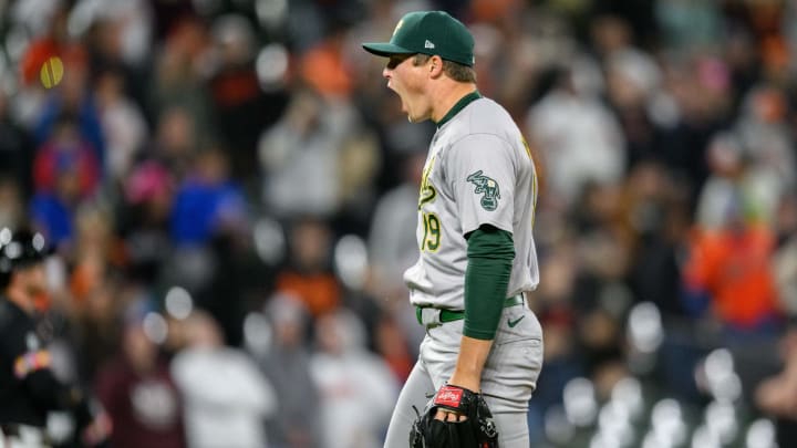 Apr 26, 2024; Baltimore, Maryland, USA; Oakland Athletics pitcher Mason Miller (19) reacts following the game between the Baltimore Orioles and the Oakland Athletics at Oriole Park at Camden Yards. Mandatory Credit: Reggie Hildred-USA TODAY Sports