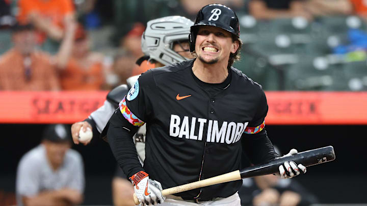 May 30, 2025; Baltimore, Maryland, USA; Baltimore Orioles catcher Adley Rutschman (35) strikes out during the eighth inning against the Chicago White Sox at Oriole Park at Camden Yards.