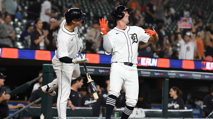 Aug 27, 2024; Detroit, Michigan, USA; Detroit Tigers designated hitter Kerry Carpenter (30) celebrates with first baseman Spencer Torkelson (20) after hitting a two-run home run against the Los Angeles Angels in the sixth inning at Comerica Park.