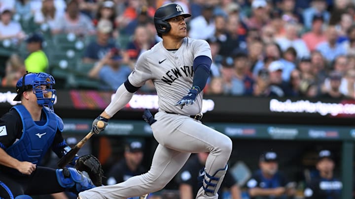 Aug 16, 2024; Detroit, Michigan, USA;  New York Yankees right fielder Juan Soto (22) grounds out to second base against the Detroit Tigers in the third inning at Comerica Park.