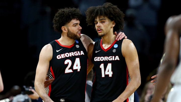Mar 20, 2025; Wichita, KS, USA; Georgia Bulldogs forward Jaden Newell (24) and forward Asa Newell (14) in the second half of a first round men’s NCAA Tournament game against the Gonzaga Bulldogs at Intrust Bank Arena. Mandatory Credit: Nick Tre. Smith-Imagn Images