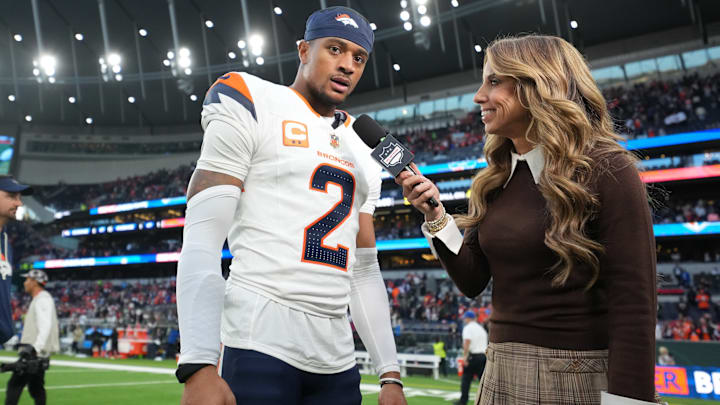 Oct 12, 2025; Tottenham, United Kingdom; Denver Broncos cornerback Pat Surtain II (2) is interviewed by NFL Network reporter Sara Walsh after an NFL International Series game against the New York Jets at Tottenham Hotspur Stadium.