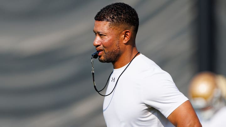 Notre Dame head coach Marcus Freeman looks on during a football practice at Irish Athletic Center on Friday, Aug. 15, 2025, in South Bend.