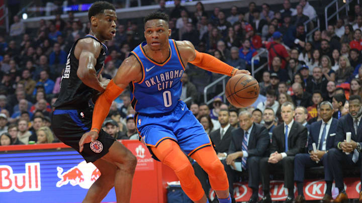 March 8, 2019; Los Angeles, CA, USA; Oklahoma City Thunder guard Russell Westbrook (0) moves the ball against Los Angeles Clippers guard Shai Gilgeous-Alexander (2) during the first half at Staples Center. Mandatory Credit: Gary A. Vasquez-Imagn Images March 8, 2019; Los Angeles, CA, USA; Oklahoma City Thunder guard Russell Westbrook (0) moves the ball against Los Angeles Clippers guard Shai Gilgeous-Alexander (2) during the first half at Staples Center. Mandatory Credit: Gary A. Vasquez-Imagn Images