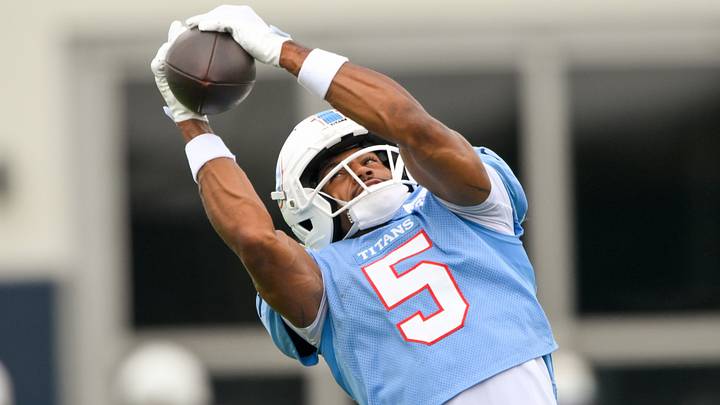 Aug 3, 2026; Nashville, TN, USA; Tennessee Titans wide receiver Elic Ayomanor (5) makes a catch during training camp at Vanderbilt Health Football Center. Mandatory Credit: Steve Roberts-Imagn Images Aug 3, 2026; Nashville, TN, USA; Tennessee Titans wide receiver Elic Ayomanor (5) makes a catch during training camp at Vanderbilt Health Football Center. Mandatory Credit: Steve Roberts-Imagn Images