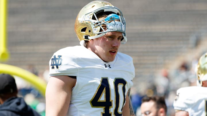 Notre Dame defensive lineman Joshua Burnham during the Notre Dame Blue-Gold spring football game at Notre Dame Stadium on Saturday, April 12, 2025, in South Bend.