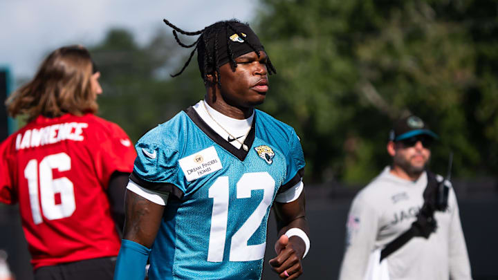 Jacksonville Jaguars wide receiver Travis Hunter (12) jogs to his first drill during the Jacksonville Jaguars’ third mandatory minicamp Thursday June 12, 2025 at the Miller Electric Center in Jacksonville, Fla. [Doug Engle/Florida Times-Union]