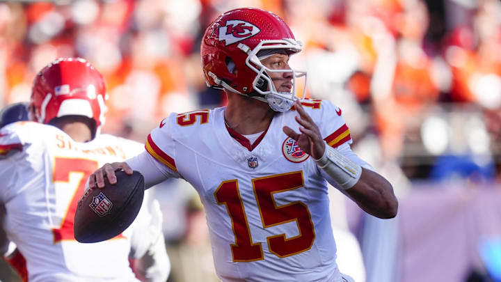 Nov 16, 2025; Denver, Colorado, USA; Kansas City Chiefs quarterback Patrick Mahomes (15) throws a pass during the first quarter of the game against the Denver Broncos at Empower Field at Mile High. Mandatory Credit: Ron Chenoy-Imagn Images Nov 16, 2025; Denver, Colorado, USA; Kansas City Chiefs quarterback Patrick Mahomes (15) throws a pass during the first quarter of the game against the Denver Broncos at Empower Field at Mile High. Mandatory Credit: Ron Chenoy-Imagn Images
