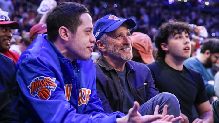 Apr 23, 2023; New York, New York, USA; Comedians Pete Davidson (l) and Jon Stewart (r) during game four of the 2023 NBA playoffs at Madison Square Garden. Mandatory Credit: Wendell Cruz-Imagn Images