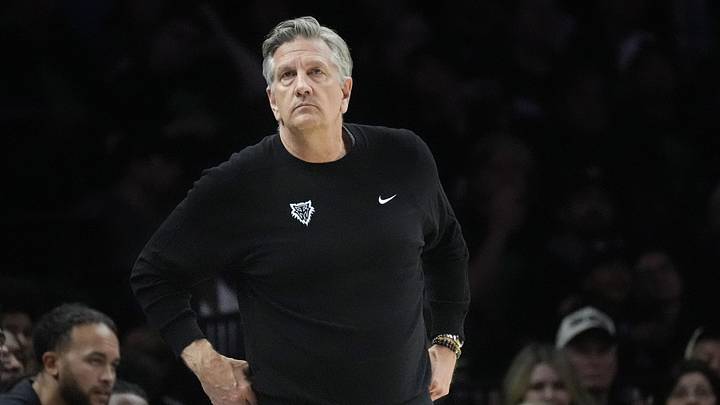 May 10, 2026; Minneapolis, Minnesota, USA; Minnesota Timberwolves head coach Chris Finch watches as his team plays the San Antonio Spurs in the fourth quarter of game four of the second round of the 2026 NBA Playoffs at Target Center. Mandatory Credit: Bruce Kluckhohn-Imagn Images