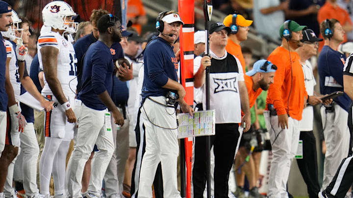 Aug 29, 2025; Waco, Texas, USA; Auburn Tigers head coach Hugh Freeze reactsagainst the Baylor Bears during the second half at McLane Stadium. Mandatory Credit: Chris Jones-Imagn Images